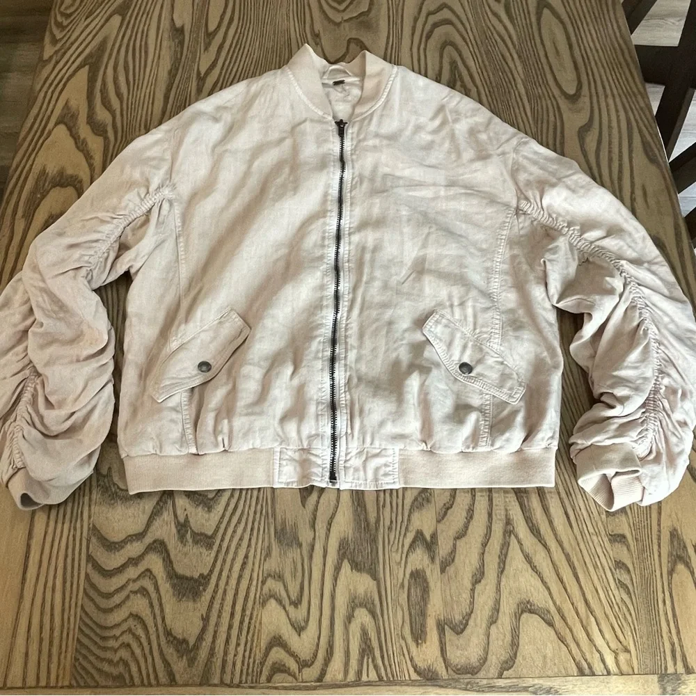 Free People‎ Bomber Jacket Rouched Linen Almond Womens XS